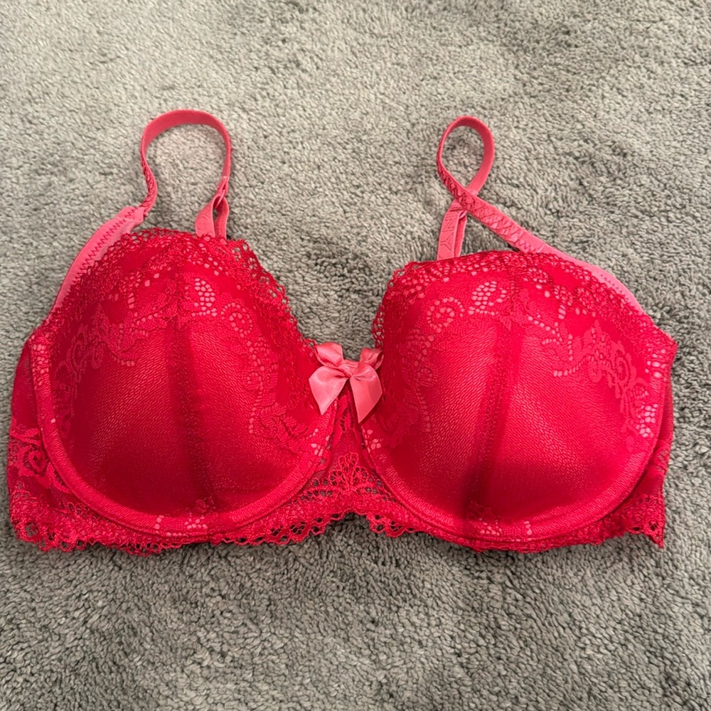 DKNY red lace balconette bra. Color- red/pink. Size 34C. Like new condition